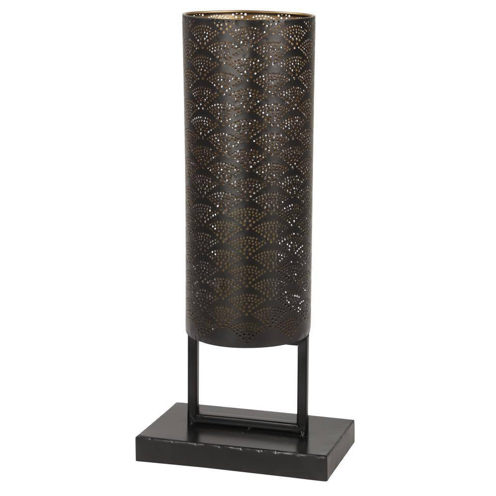 Modern Style Large Black Cylinder Metal Lantern Candle with Pierced Metal Boho Pattern on Metal Base