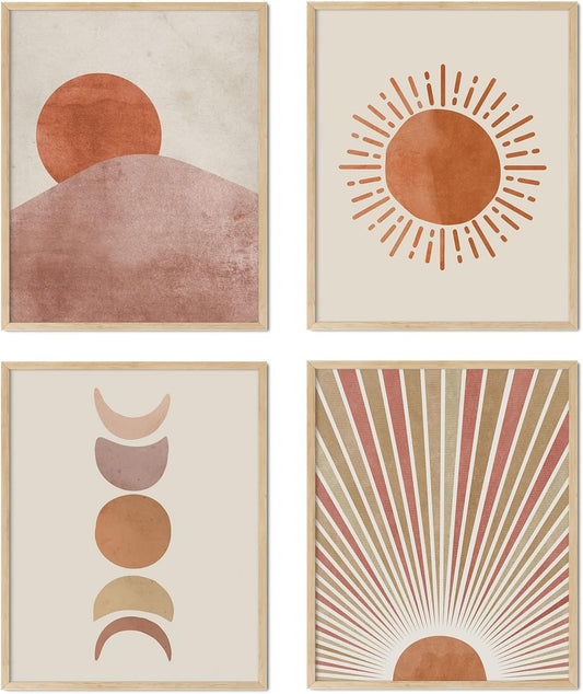 Boho Decor Minimalist Wall Art - Prints for Living Room UNFRAMED 8*10Inch Mid Century Neutral Shining Sun and Moon Posters Indie Teens Bedroom Bathroom Office Modern Home Decoration