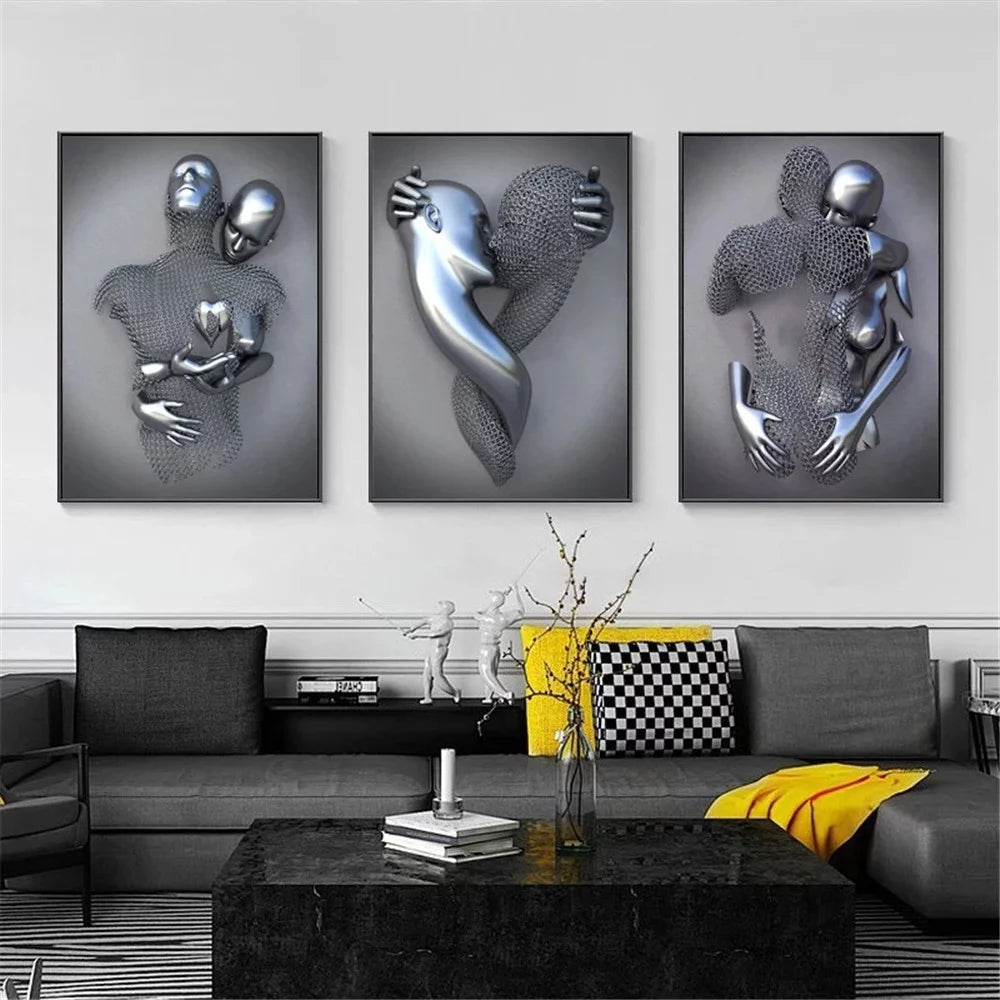 Bedroom Wall Decor, Romantic Couple Living Room Canvas Wall Art, Love Heart 3D Metal Sculpture Effect, Black and White Modern Abstract Lovers Painting Picture Poster Prints for Bathroom Hotel