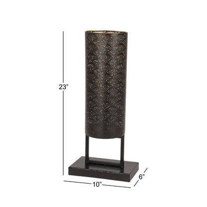 Modern Style Large Black Cylinder Metal Lantern Candle with Pierced Metal Boho Pattern on Metal Base