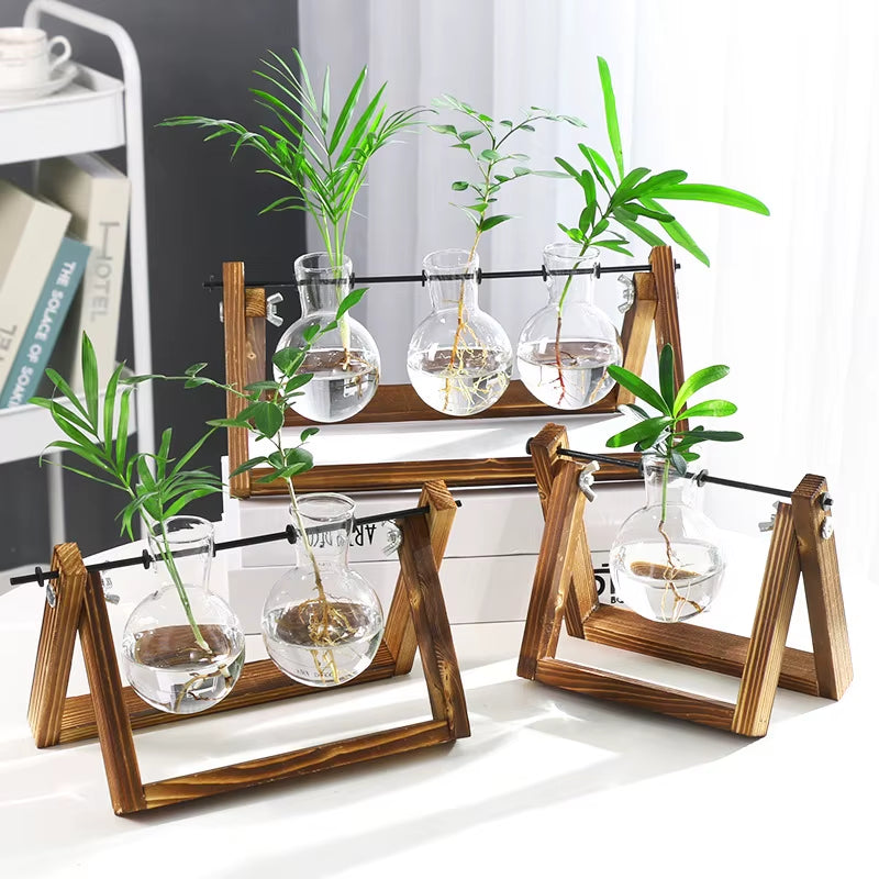 Terrarium Creative Hydroponic Plant Transparent Vase Wooden Frame Vase Decorations Glass Tabletop Plant Bonsai Decor Flower Vase