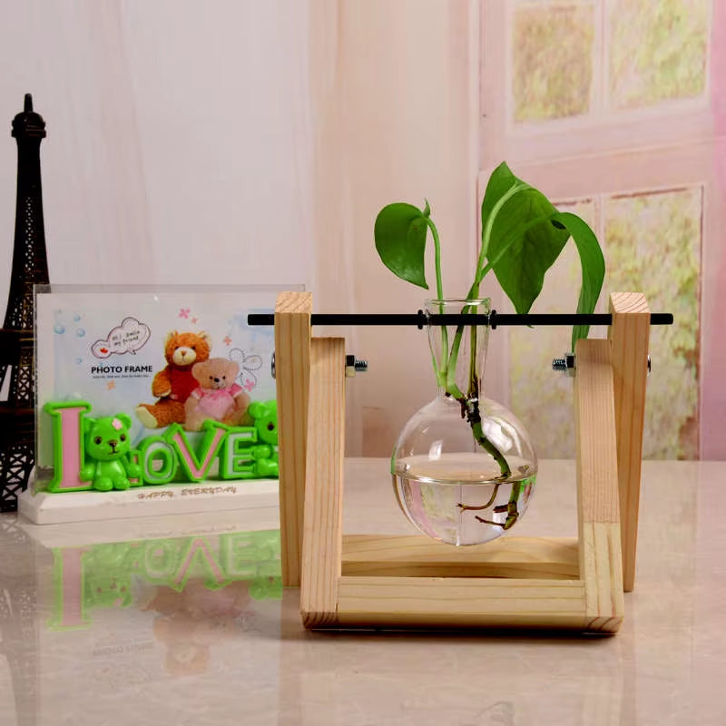 Terrarium Creative Hydroponic Plant Transparent Vase Wooden Frame Vase Decorations Glass Tabletop Plant Bonsai Decor Flower Vase