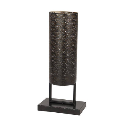 Modern Style Large Black Cylinder Metal Lantern Candle with Pierced Metal Boho Pattern on Metal Base