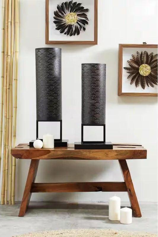 Modern Style Large Black Cylinder Metal Lantern Candle with Pierced Metal Boho Pattern on Metal Base