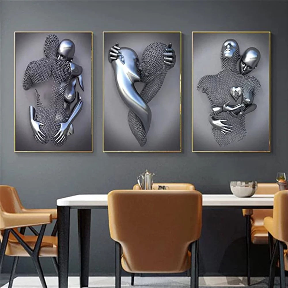 Bedroom Wall Decor, Romantic Couple Living Room Canvas Wall Art, Love Heart 3D Metal Sculpture Effect, Black and White Modern Abstract Lovers Painting Picture Poster Prints for Bathroom Hotel