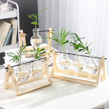 Terrarium Creative Hydroponic Plant Transparent Vase Wooden Frame Vase Decorations Glass Tabletop Plant Bonsai Decor Flower Vase