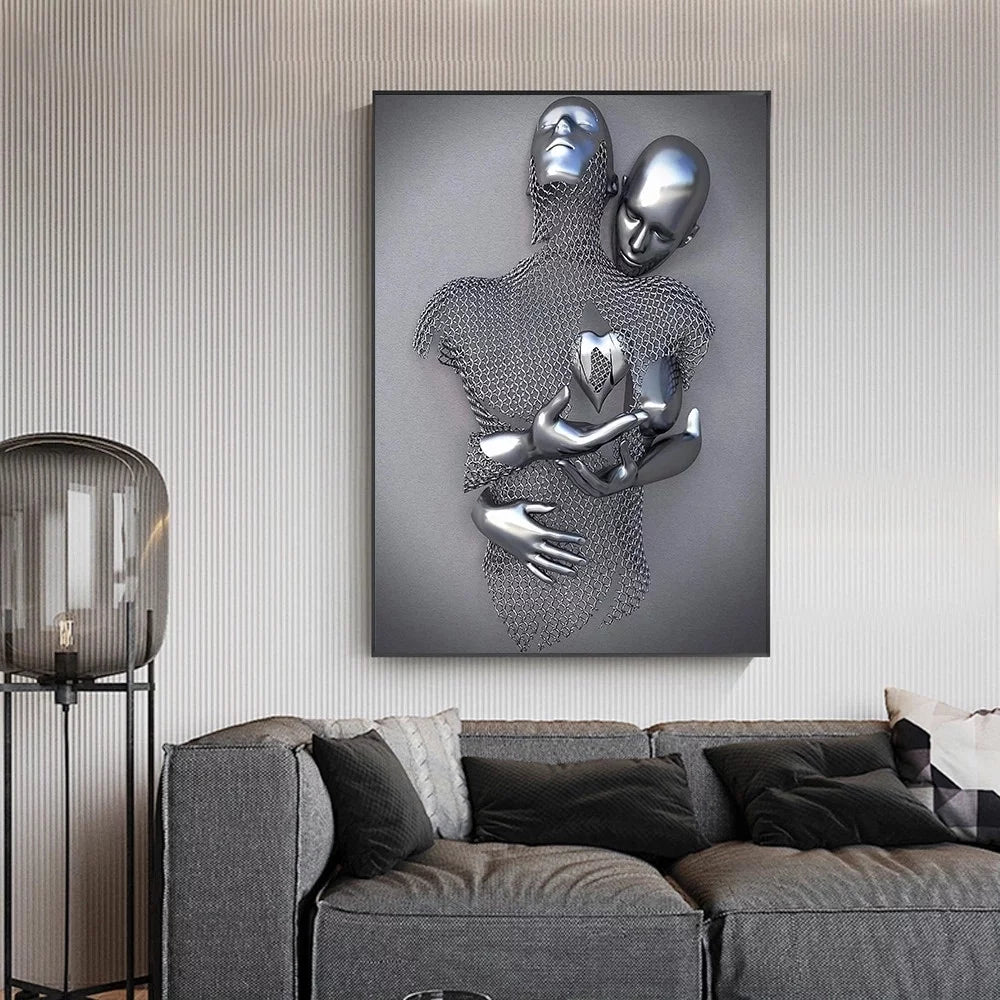 Bedroom Wall Decor, Romantic Couple Living Room Canvas Wall Art, Love Heart 3D Metal Sculpture Effect, Black and White Modern Abstract Lovers Painting Picture Poster Prints for Bathroom Hotel