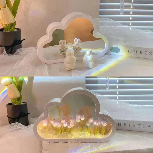 DIY Cloud Tulip LED Night Light Mirror Table Lamps Bedroom Ornaments Decoration Mirror Table Lamps Bedside Handmade Gift