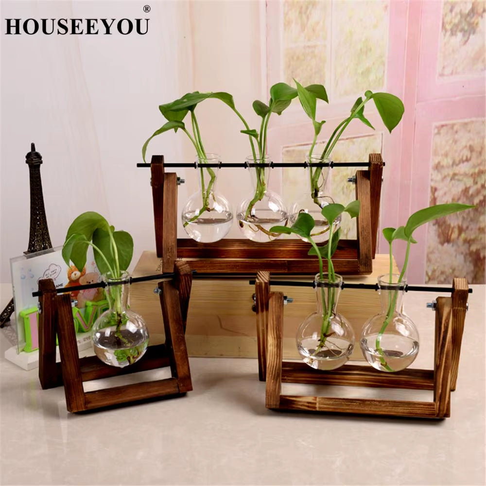 Terrarium Creative Hydroponic Plant Transparent Vase Wooden Frame Vase Decorations Glass Tabletop Plant Bonsai Decor Flower Vase